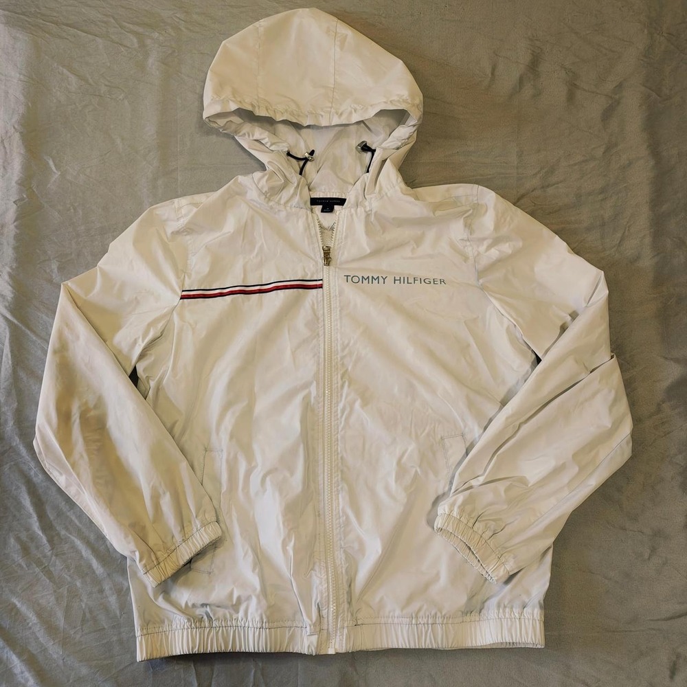 Tommy Hilfiger Womens White Hooded Windbreaker Full Zip Mesh Lined Jacket Size M